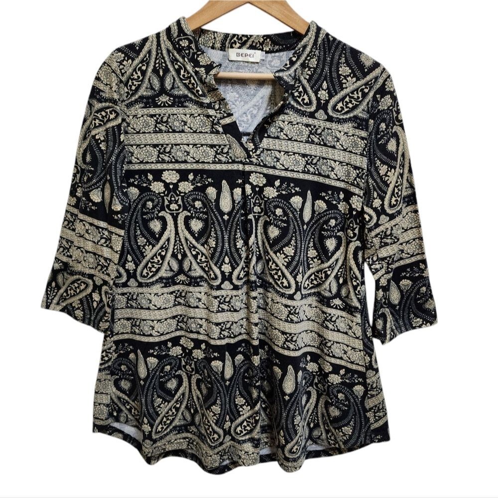 Bepei Top Women L Black Cream Floral Print V Neck Roll Tab Slv Soft Lightweight